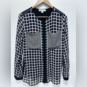 Michael‎ Michael Kors Black & White Checkered Long Sleeve Top Blouse Size M